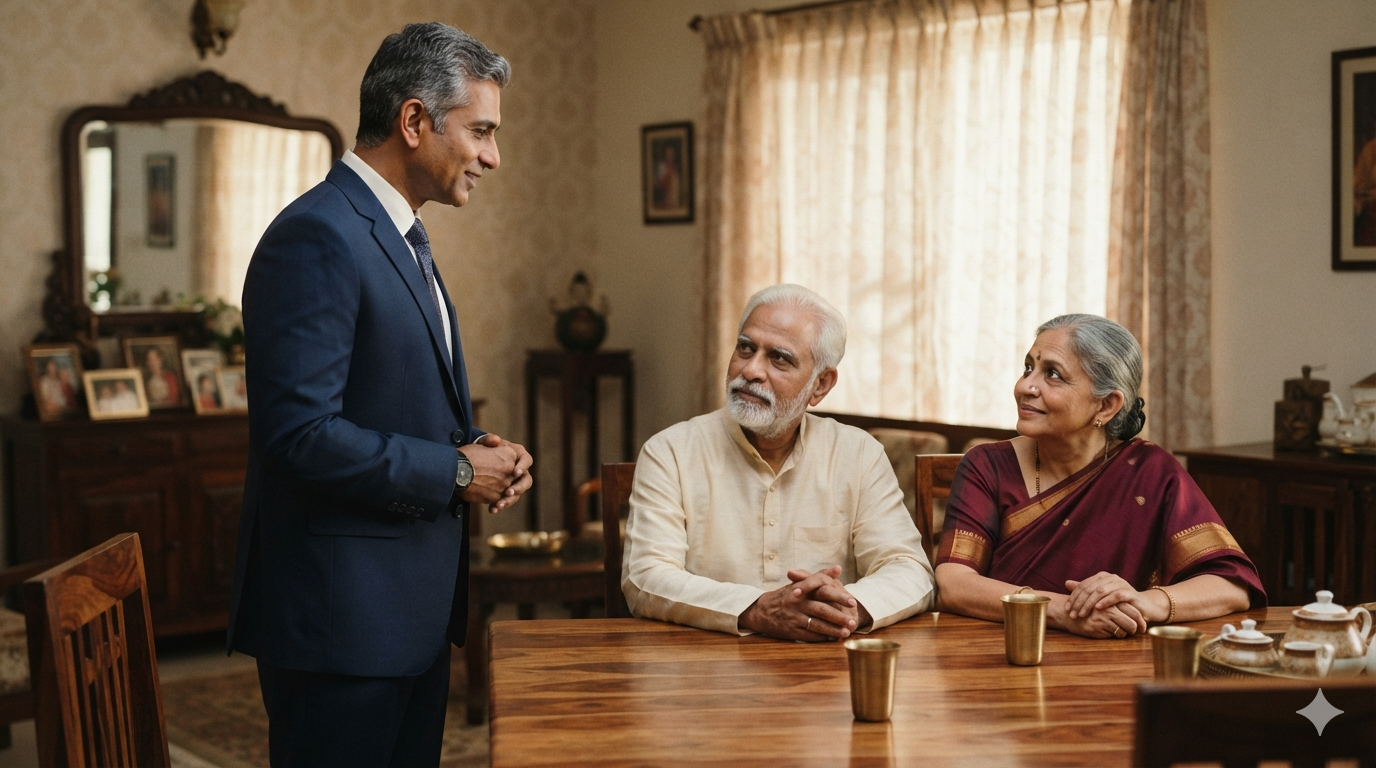 A retired military officer sitting with an elderly couple at their home, taking notes during a briefing — full head and shoulders visible