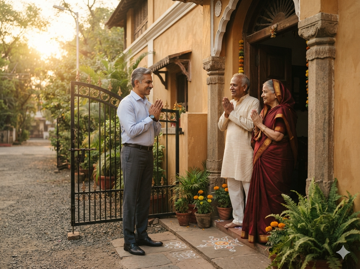 A well-groomed ex-military officer in formal attire greeting an elderly woman at her home door