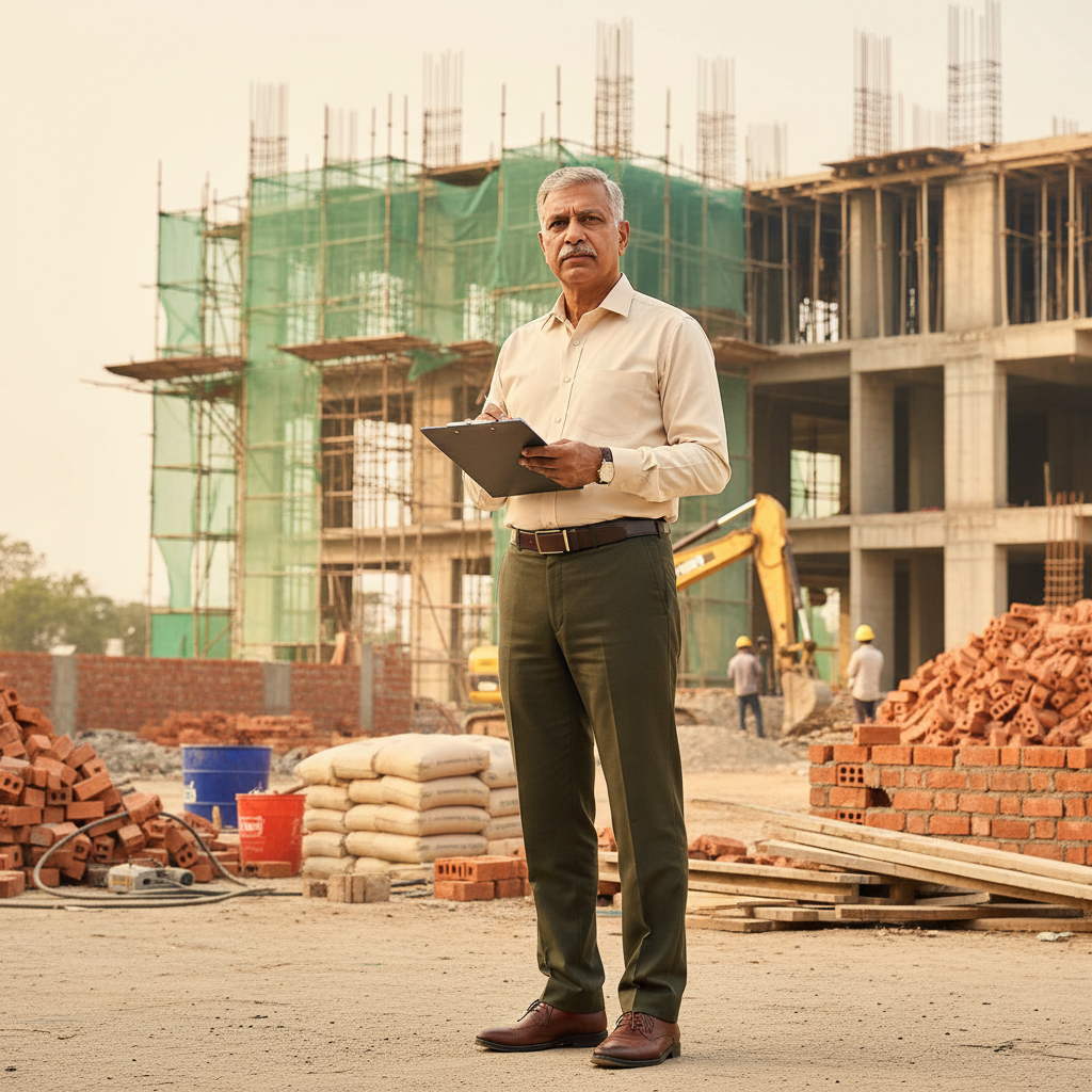 A uniformed ex-military officer with a clipboard inspecting a construction site with scaffolding and building materials in the background