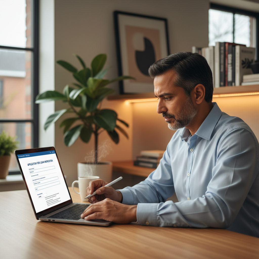A person filling out a service request form on a laptop at a home desk
